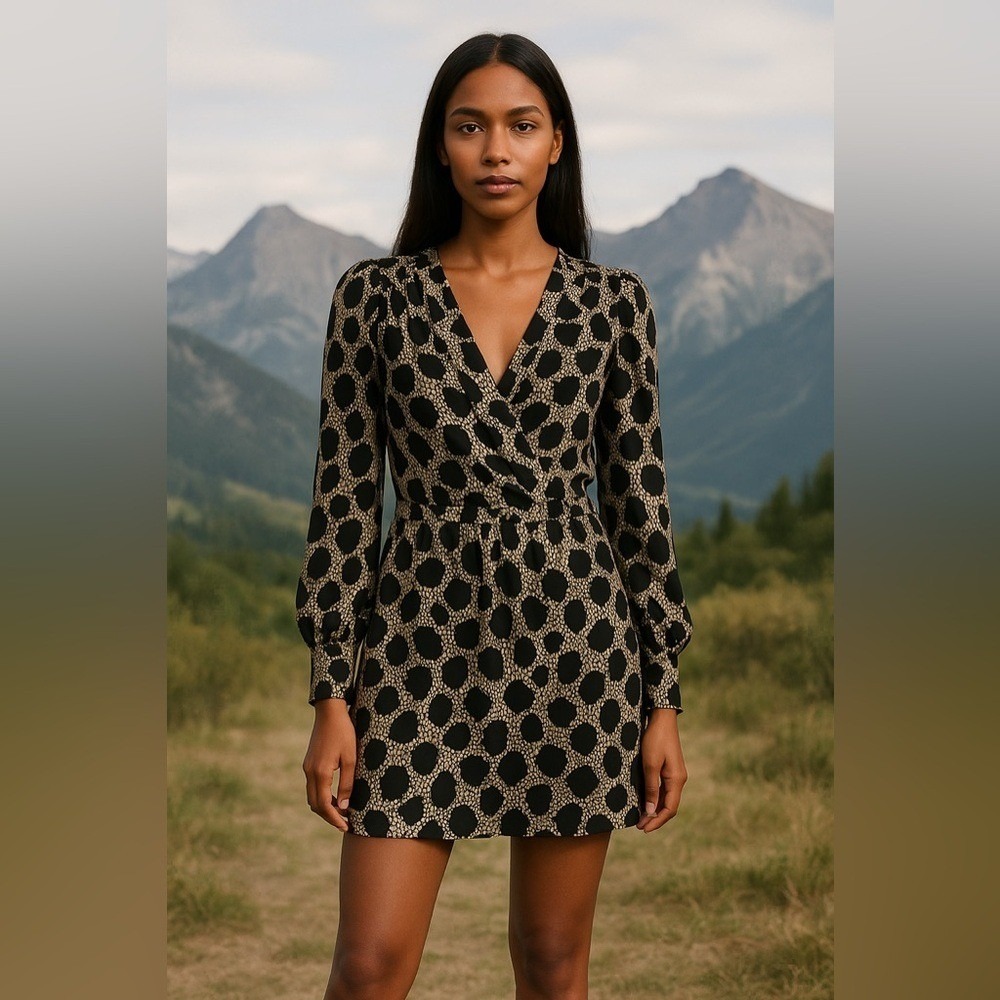 Parker 100% Silk Wrap Mini Dress XS Black Beige Long Sleeve Lined